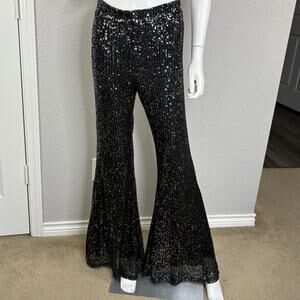 Saints & Hearts Womens Sequin Flare Leg Pants Bell Bottom Disco Fairy Black Sz M